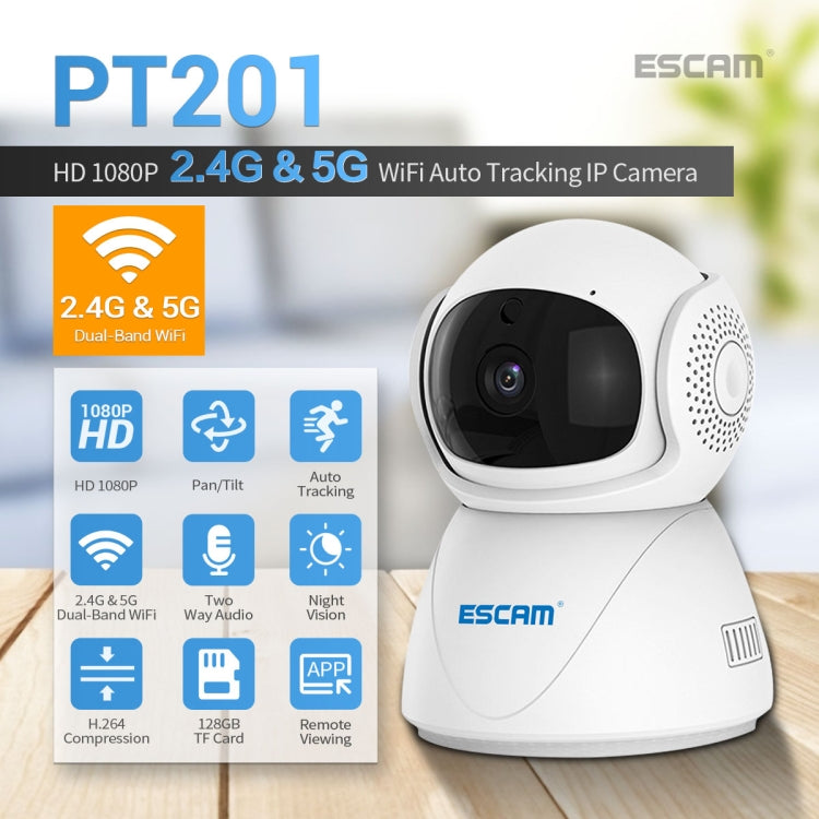 ESCAM PT201 HD 1080P Dual-band WiFi IP Camera, Support Night Vision / Motion Detection / Auto Tracking / TF Card / Two-way Audio, EU Plug, PT201 ESCAM PT201 HD 1080P Dual-band WiFi IP Camera, Support Night Vision / Motion Detection / Auto Tracking / TF Card / Two-way Audio, EU Plug, PT201